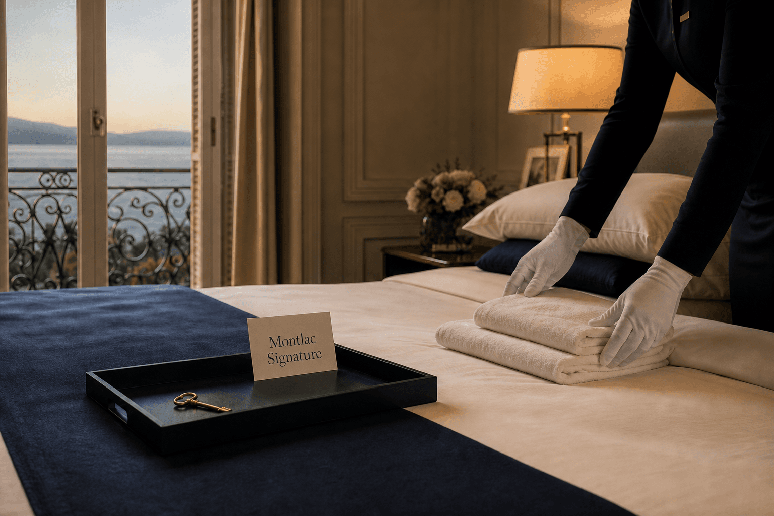 Chambre soigneusement préparée avec une carte Montlac Signature
