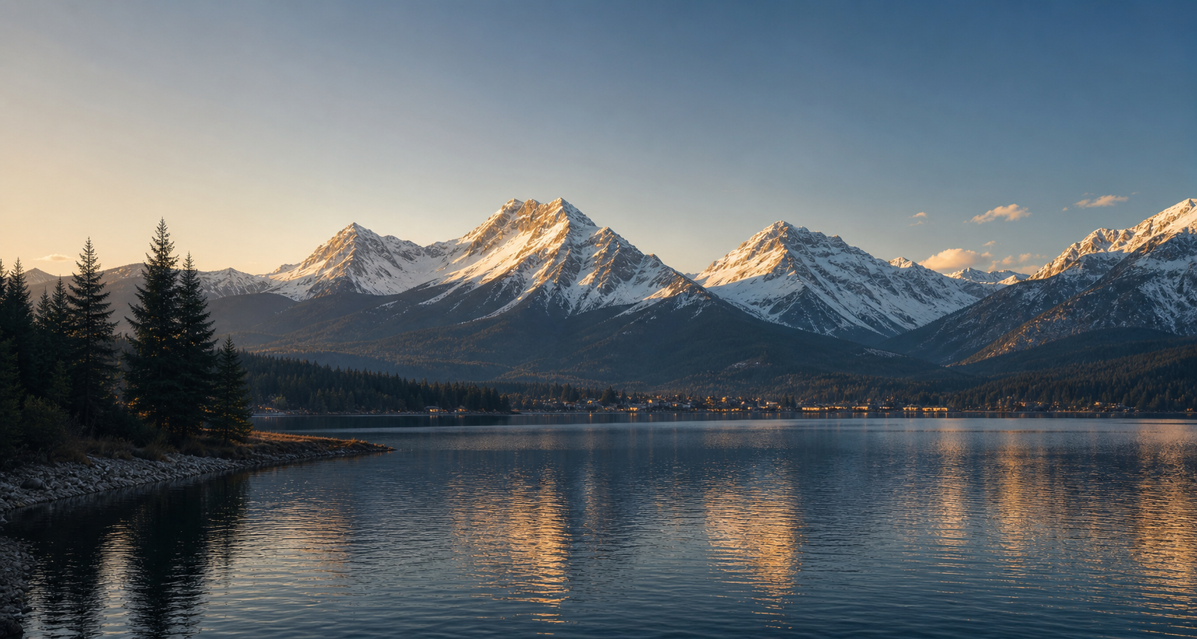 Lac et montagnes enneigées au coucher du soleil